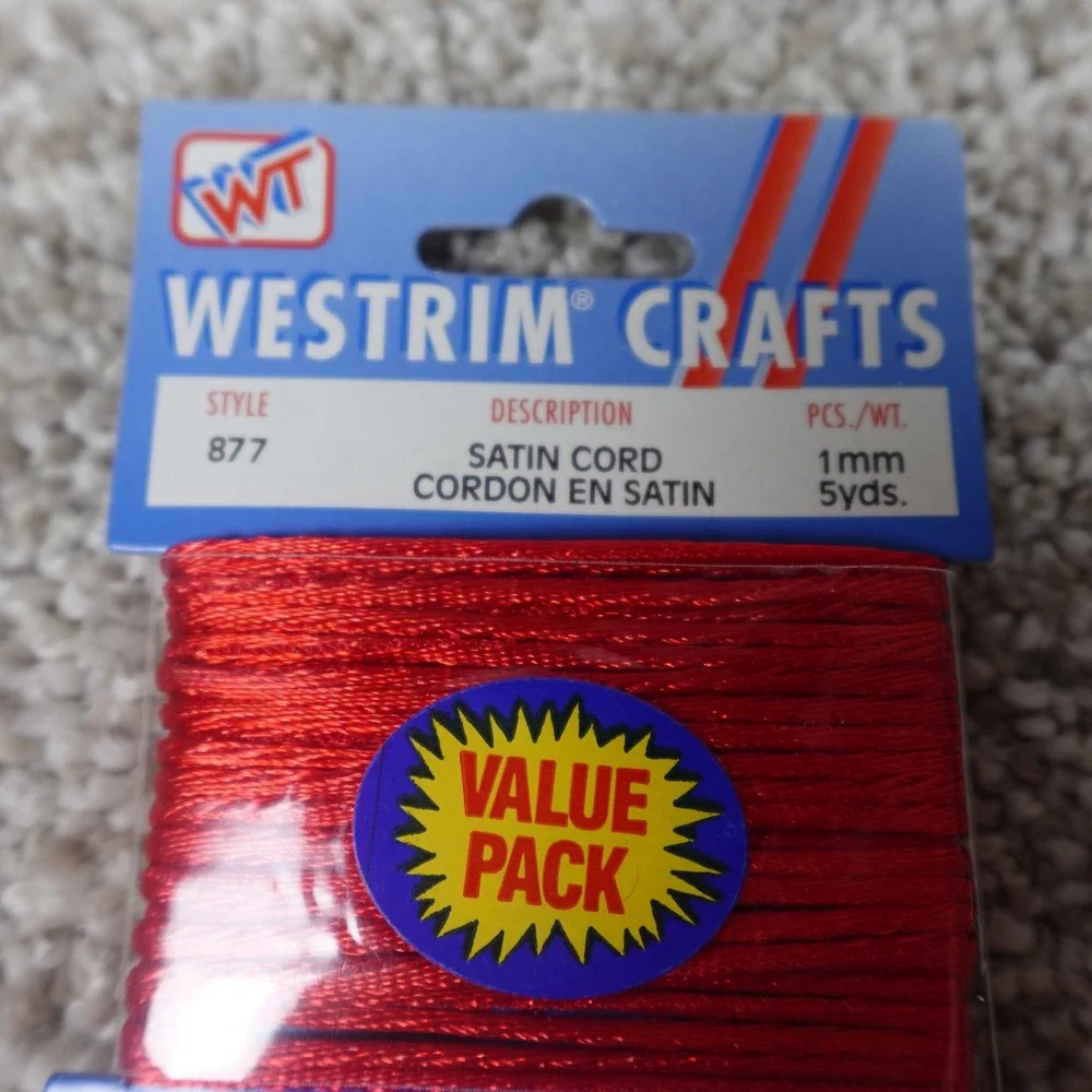 Westrim Crafts Red Satin Cord 1mm 5 Yards Style 877 Nylon Rattail DIY Jewelry